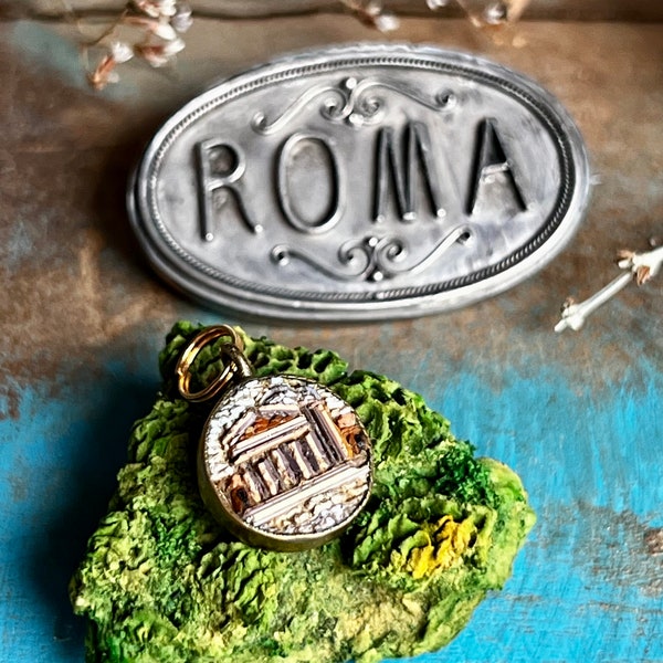 Antique Italian micromosaic charm, antique Roman temple, micromosaic pendant, Grand Tour souvenir