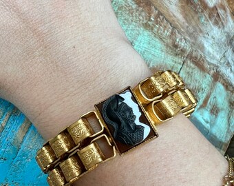 Bracelet Caméo Verre Noir Recto Verso Style Victorien - Bijou Ancien Et Unique