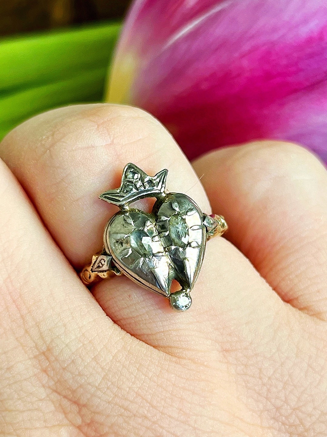 17th Century Double Crowned Heart Ring With Rose Cut , Antique Engagement Ring Etsy