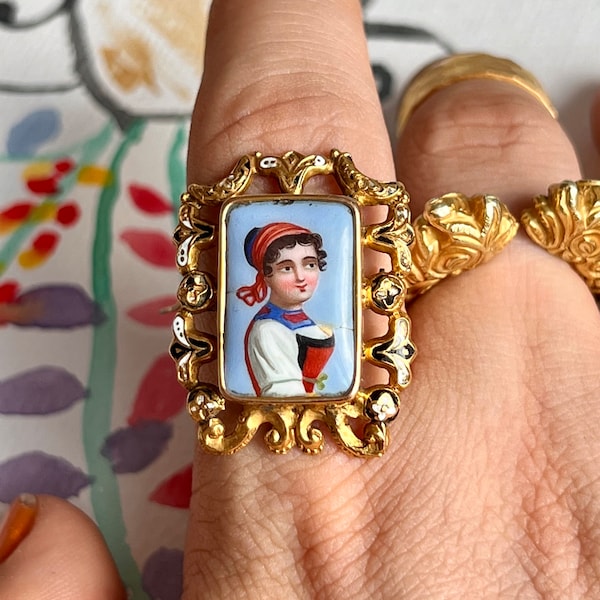 Antique Georgian Swiss Enamel brooch of a girl in the traditional Swiss costume of Kyburg canton with black and white enamel