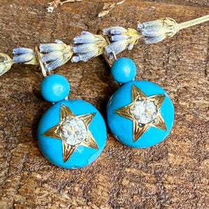 Antique Victorian star earrings, night and day earrings with egg blue enamel and paste, celestial earrings