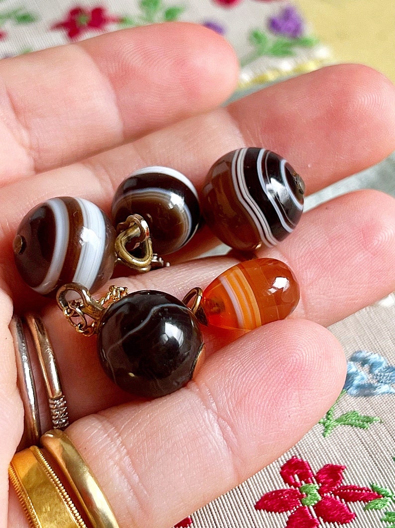 Choose your favorite victorian banded agate ball pendants or charms, orange, brown and black banded agate, perfect for necklace or bracelet image 1