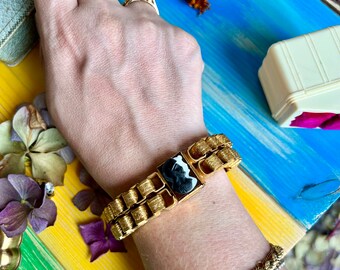 初期の本物のカメオとシトリンガラスのブレスレット、彫刻入り銅 