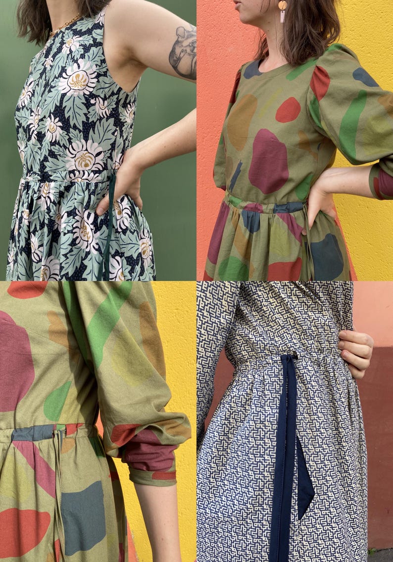 May include: Four dresses are displayed, each with a unique pattern. One features a floral design in green and white. Another has large, colourful shapes on a green backdrop. The third dress has a geometric pattern in blue and white. The fourth dress has a similar pattern.