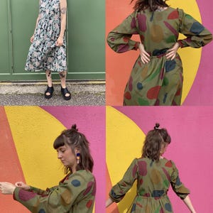 May include: A selection of dresses in different styles and patterns. One sleeveless dress has a floral print, while another is a long-sleeved dress with a colourful abstract design. The dresses are shown on a person in different poses.