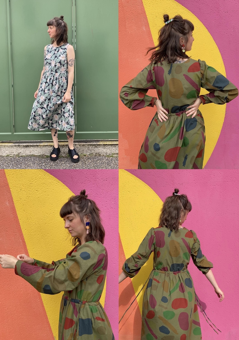 May include: A selection of dresses in different styles and patterns. One sleeveless dress has a floral print, while another is a long-sleeved dress with a colourful abstract design. The dresses are shown on a person in different poses.