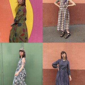 May include: Four dresses are displayed, each with a unique design. One is olive green with colourful shapes, another is brown and white checked, a third is floral, and the last is navy blue with white horizontal stripes. All are midi-length.