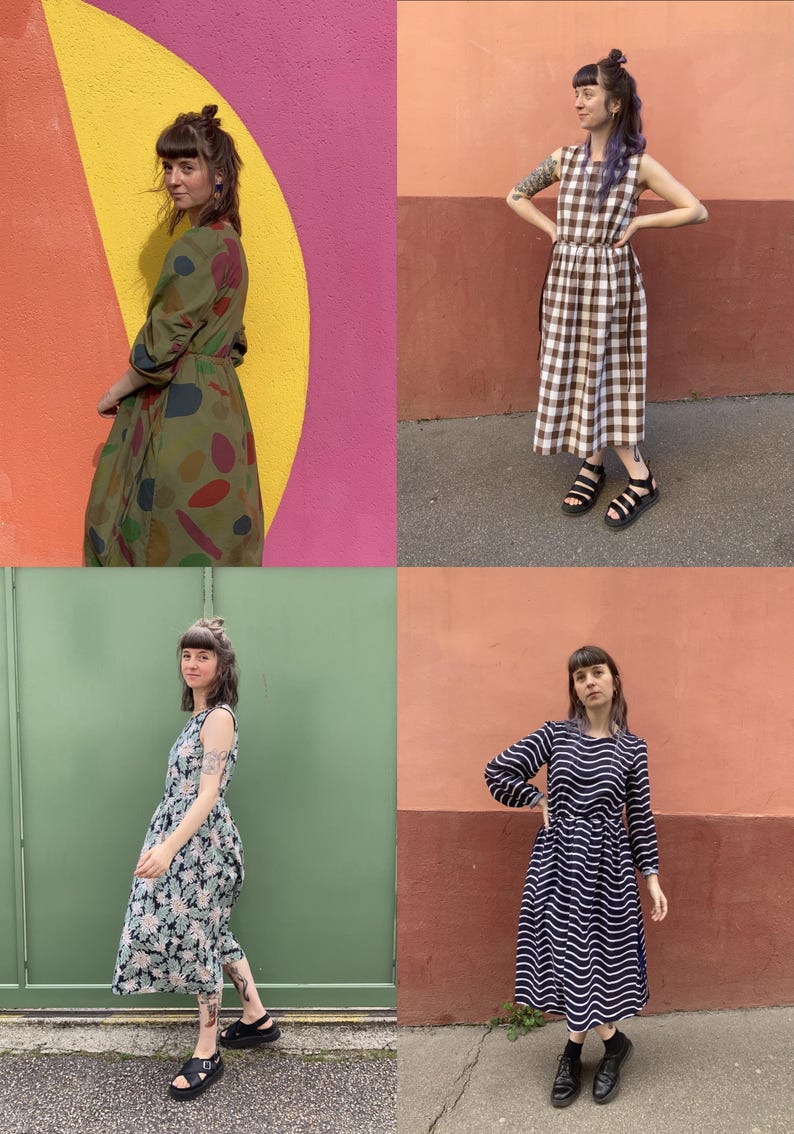 May include: Four dresses are displayed, each with a unique design. One is olive green with colourful shapes, another is brown and white checked, a third is floral, and the last is navy blue with white horizontal stripes. All are midi-length.