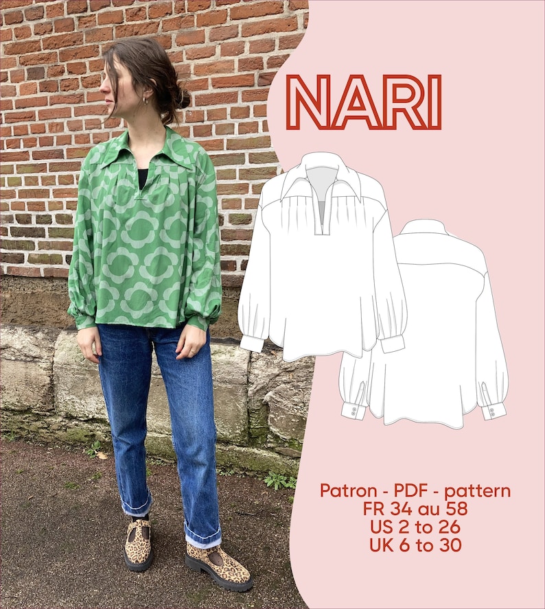 Nari blouse PDF pattern Fr 34 au 58 US 2 to 26 UK 6 to 30 image 1