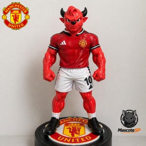 May include: A red figurine of a muscular devil-like mascot wearing a red football shirt with white shorts and the number 10. The figurine stands on a base with the Manchester United logo and the text "UNITED".