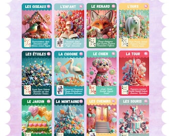 May include: A set of 10 colorful playing cards featuring whimsical illustrations of various animals, objects, and scenes. Each card has a unique design with a candy-like theme and a number from 12 to 23. The cards are printed in French.