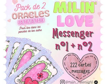 May include: A pack of two Milin' Love Messenger oracle decks, featuring a pink and green heart design. The decks contain 222 cards with messages to help you read the thoughts of your loved one.  The text on the image reads "Pack de 2 ORACLES SENTIMENTAUX Pour lire dans les pensées de ton autre Milin' Love Messenger n°1 + n°2 222 cartes messages @milin_moonlight Crade et guide créés by Min' Moonlight Modèle déposé. Reproduction interdite."