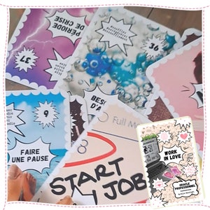 May include: A close-up of a deck of cards with colorful images and text in French. The cards are spread out on a table. The text on the cards includes "De Crise Periode", "Faire Une Pause", "Start Job", and "Work in Love".