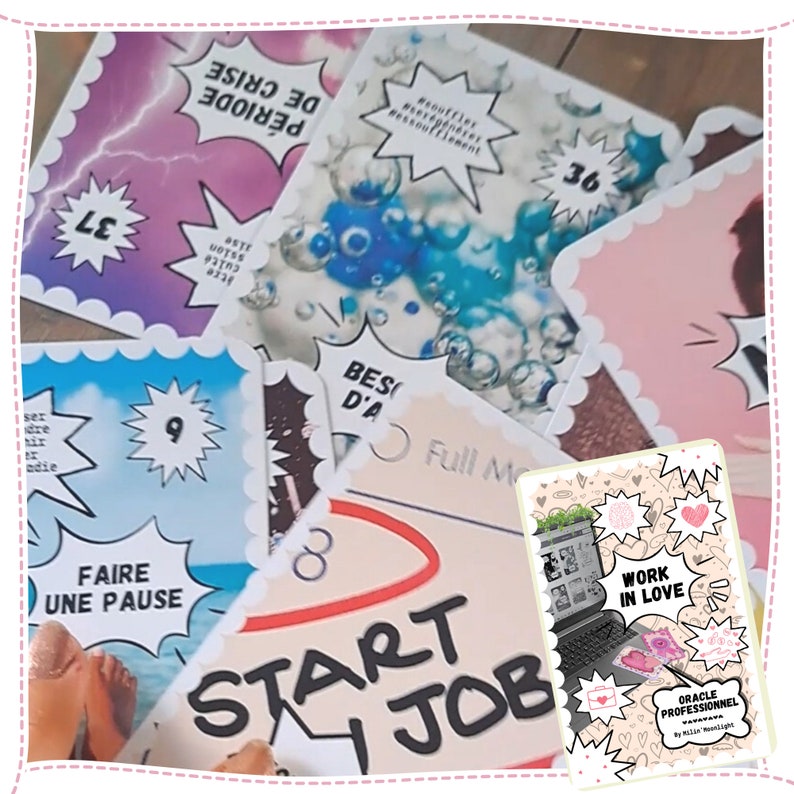 May include: A close-up of a deck of cards with colorful images and text in French. The cards are spread out on a table. The text on the cards includes "De Crise Periode", "Faire Une Pause", "Start Job", and "Work in Love".