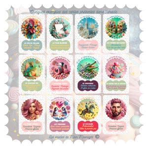 Könnte beinhalten: Ein Set mit 12 Orakelkarten mit bunten Illustrationen und französischem Text. Die Karten zeigen eine Vielzahl von skurrilen Figuren und Objekten, darunter einen Hahn, einen Frosch, ein Krokodil, ein Cupcake, einen Pinguin und einen Ritter auf einem Pferd. Die Karten sind von einem Rand mit rosa und weißen Punkten umgeben.