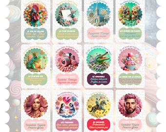 May include: A set of 12 oracle cards with colorful illustrations and text in French. The cards feature a variety of whimsical characters and objects, including a rooster, a frog, a crocodile, a cupcake, a penguin, and a knight on a horse. The cards are surrounded by a border of pink and white polka dots.