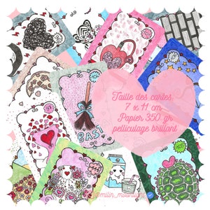 Peut inclure: Un collage de cartes illustrées colorées avec divers thèmes, notamment des cœurs, des animaux et des objets ménagers. Les cartes mesurent 7 cm sur 11 cm et sont imprimées sur du papier 350 g/m² avec une finition brillante. Le texte sur les cartes indique "Taille des cartes: 7 x 11 cm Papier 350 gr pelliculage brillant" et "@milin_moonlight".