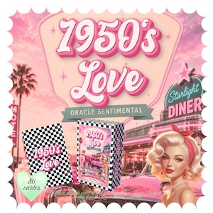 Peut inclure: Un jeu de cartes 1950's Love Oracle Sentimental avec un motif à damier noir et blanc, une boîte rose illustrée d'un diner et une personne blonde avec un bandeau rouge. Le texte 1950's Love est affiché en lettres roses et blanches.