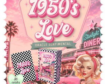May include: A deck of 1950's Love Oracle Sentimental cards featuring a black and white checkered pattern, a pink box with a diner illustration, and a blonde person with a red headband. The text 1950's Love is displayed in pink and white lettering.