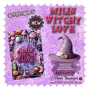 Peut inclure: Jeu de cartes oracle violet et rose avec le texte "MILIN WITCHY LOVE" et "ORACLE". L'image présente un chapeau de sorcière, des citrouilles et d'autres éléments mystiques. L'ensemble de cartes est étiqueté "NEW" et contient "III CARTES".