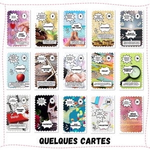 May include: A set of 21 colorful cards with French text and images. Each card has a number, a title, and a description. The cards are designed to be used for a game or activity.