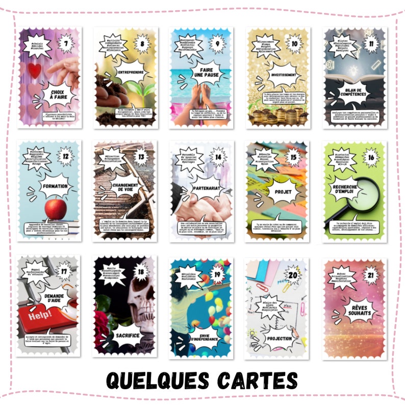 May include: A set of 21 colorful cards with French text and images. Each card has a number, a title, and a description. The cards are designed to be used for a game or activity.
