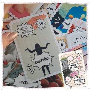 May include: A deck of oracle cards with a pink and white design. The cards feature illustrations and text in French. The card in the foreground shows a silhouette of a person being controlled by strings with the word "CONTR&Ocirc;LE" in a speech bubble. The card also has the number 39 on it. The deck is titled "Oracle Professionnel" and "Work in Love".