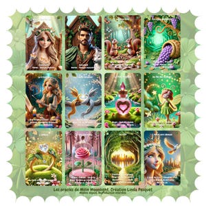 Op de afbeelding: Een verzameling geïllustreerde orakelkaarten met een groene bloemenrand. Elke kaart toont een unieke fantasie scène met personages, symbolen en Franse tekst. De kaarten dragen de titel "Les oracles de Milin Moonlight. Creation Linda Pesquet."