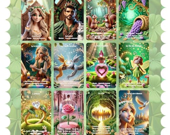May include: A collection of illustrated oracle cards with a green floral border. Each card features a unique fantasy scene with characters, symbols, and text. The cards are labeled in French, with the title "Les oracles de Milin Moonlight. Creation Linda Pesquet."