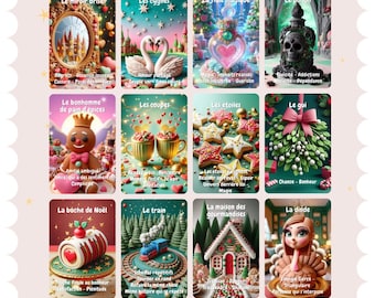 May include: A set of 12 illustrated cards with a Christmas theme. Each card features a different image and text in French. The cards are arranged in a grid of four rows and three columns. The cards are on a white background with a green border.
