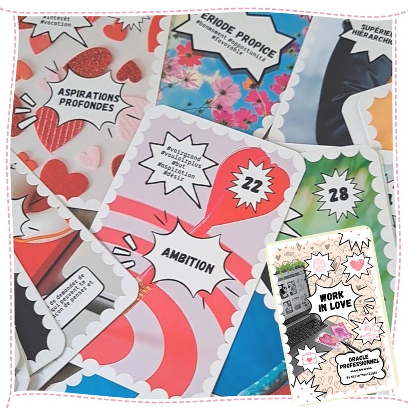 May include: A set of oracle cards with pink and white borders. The cards feature illustrations and text in French. The text on the cards includes "Aspirations Profondes", "Periode Propic", "Ambition", "Work in Love", and "Superieur Hierarchie".
