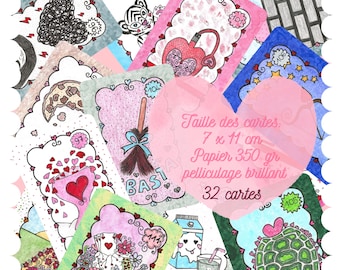 May include: A set of 32 illustrated cards featuring various designs, including a tiger, a broom, a heart, a turtle, and a milk carton. The cards are 7 inches by 11 inches and printed on 350 gram paper with a glossy finish.