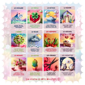 Op de afbeelding: Een set van 12 kleurrijke orakelkaarten met Franse titels en illustraties. De kaarten bevatten een verscheidenheid aan thema's, waaronder natuur, dieren en abstracte concepten. De kaarten zijn ontworpen om te worden gebruikt voor divinatie en zelfontdekking.
