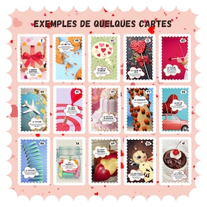 Peut inclure: Une collection de 12 cartes illustrées avec différents thèmes, dont l'amour, le voyage, le bonheur et le mariage. Chaque carte présente un design unique et un titre en français.