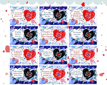 May include: A set of 10 illustrated cards with a heart shape and a speech bubble. Each card has a different message written in French. The messages are both positive and negative. The cards are designed to be used for a game or activity.