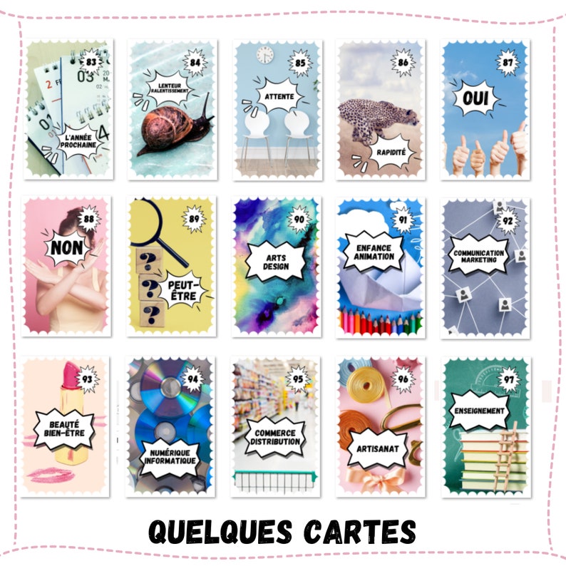 May include: A collection of colorful cards with various images and text. The cards are arranged in a grid pattern and have a vintage stamp design. Some of the cards feature text such as "Lenteur", "Oui", "Non", "Arts Design", "Enfance Animation", "Communication Marketing", "Beaut&eacute; Bien-&Ecirc;tre", "Commerce Distribution", "Artisanat", and "Enseignement".