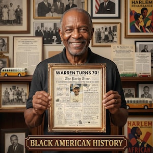 May include: A smiling man holds a framed newspaper-style print that reads "WARREN TURNS 70!" with the text "The Party Time." The print is in a gold frame. The background includes framed photos and a sign that says "BLACK AMERICAN HISTORY."