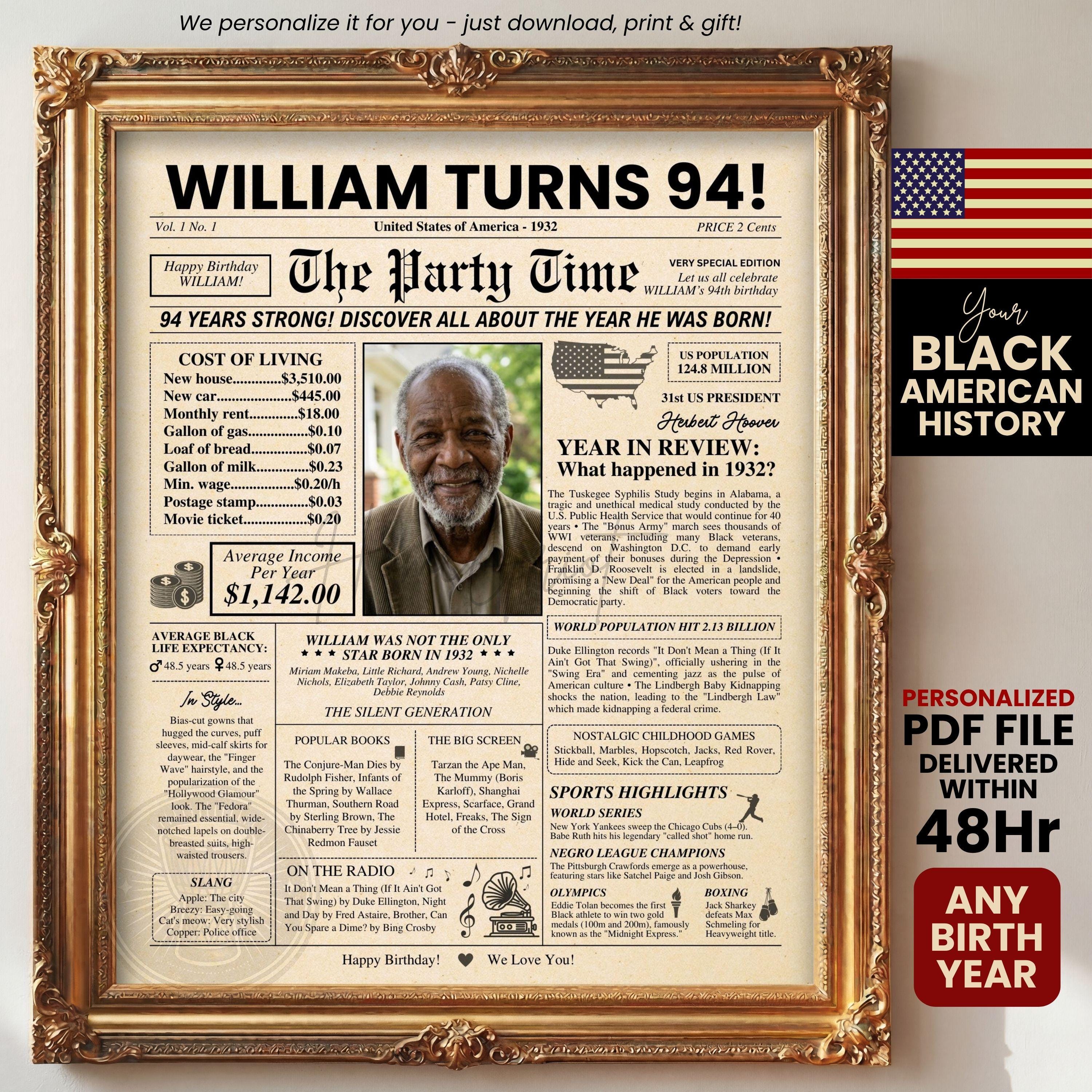 1932 Black American Birthday Newspaper Poster, 94th Birthday Gift for Grandma Grandpa, African American Wall Art