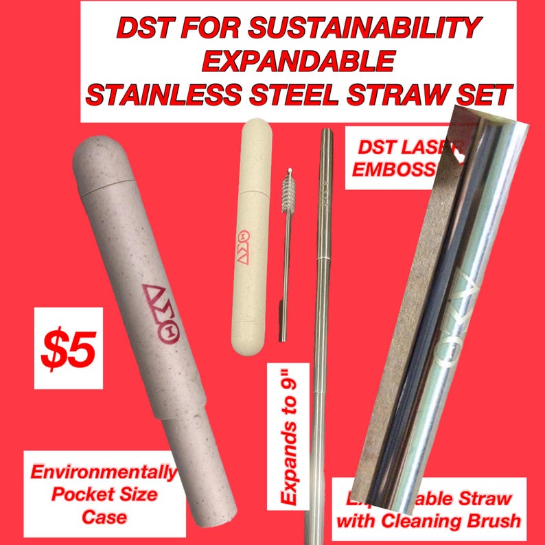 May include: A set of two stainless steel straws with a cleaning brush. The straws are expandable to 9 inches and come in a beige carrying case. The case has the text "DST" and a logo on it. The straws are silver and have the text "DST" embossed on them. The set is $5.