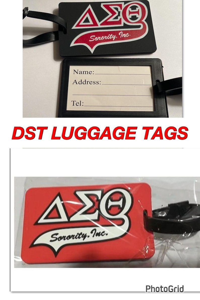 May include: Two luggage tags with a red and white logo that says "&Alpha;&Sigma;&Theta; Sorority. Inc." The tags are black and red. The black tag has a space for a name, address, and phone number.