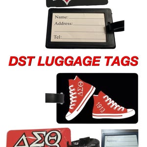 May include: Three luggage tags featuring a red and white sorority logo with the letters "&Alpha;&Sigma;&Theta;" and the text "Sorority. Inc." One tag is black with a white background, one is red with a white background, and one is black with a red and white sneaker design.