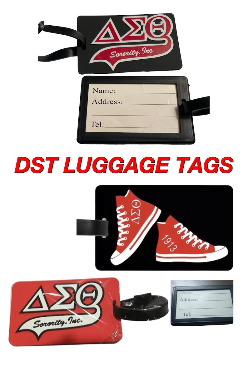 May include: Three luggage tags featuring a red and white sorority logo with the letters "&Alpha;&Sigma;&Theta;" and the text "Sorority. Inc." One tag is black with a white background, one is red with a white background, and one is black with a red and white sneaker design.