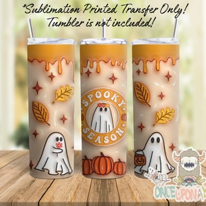 May include: Sublimation printed transfer design featuring a white ghost with a flower, a ghost with a pumpkin, and a ghost with a jack-o-lantern. The design also includes orange pumpkins, yellow leaves, and the text "Spooky Season".