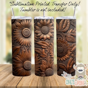 Sublimation Print Transfer, Ready to Press, Sublimation Transfers, 20 oz Skinny Tumbler, Full Wrap, Tumbler Wrap, Tooled Leather Sunflowers