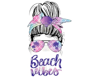 PNG de ambiente playero: Moño despeinado, diseño de sublimación de gafas de sol (descarga digital)