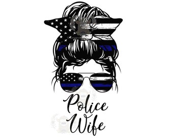 Esposa de policía con moño desordenado PNG: Sublimación de línea azul fina (Descarga digital)