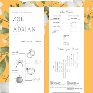 May include: A wedding program template with a white background and floral accents. The program includes a schedule of events, a list of the wedding party, and a crossword puzzle. The text on the program includes the names Zoe and Adrian, the date October 14, 2023, and the hashtag #Smooc.