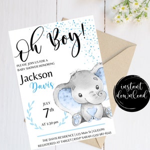 Editable Elephant Baby Shower Invitation, Blue Balloon Baby Shower Invite, Baby Boy Elephant Invitation Safari Printable Canva Template