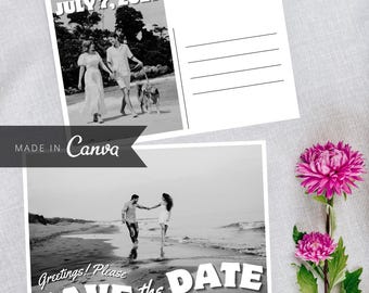 Carte postale vintage inspirée du modèle Save the Date, photo rétro modifiable, réservez la date, carte photo imprimable réservez la date, salutations vintage