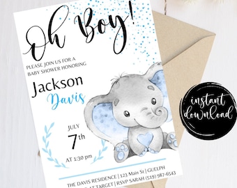Editable Elephant Baby Shower Invitation, Blue Balloon Baby Shower Invite, Baby Boy Elephant Invitation Safari Printable Canva Template